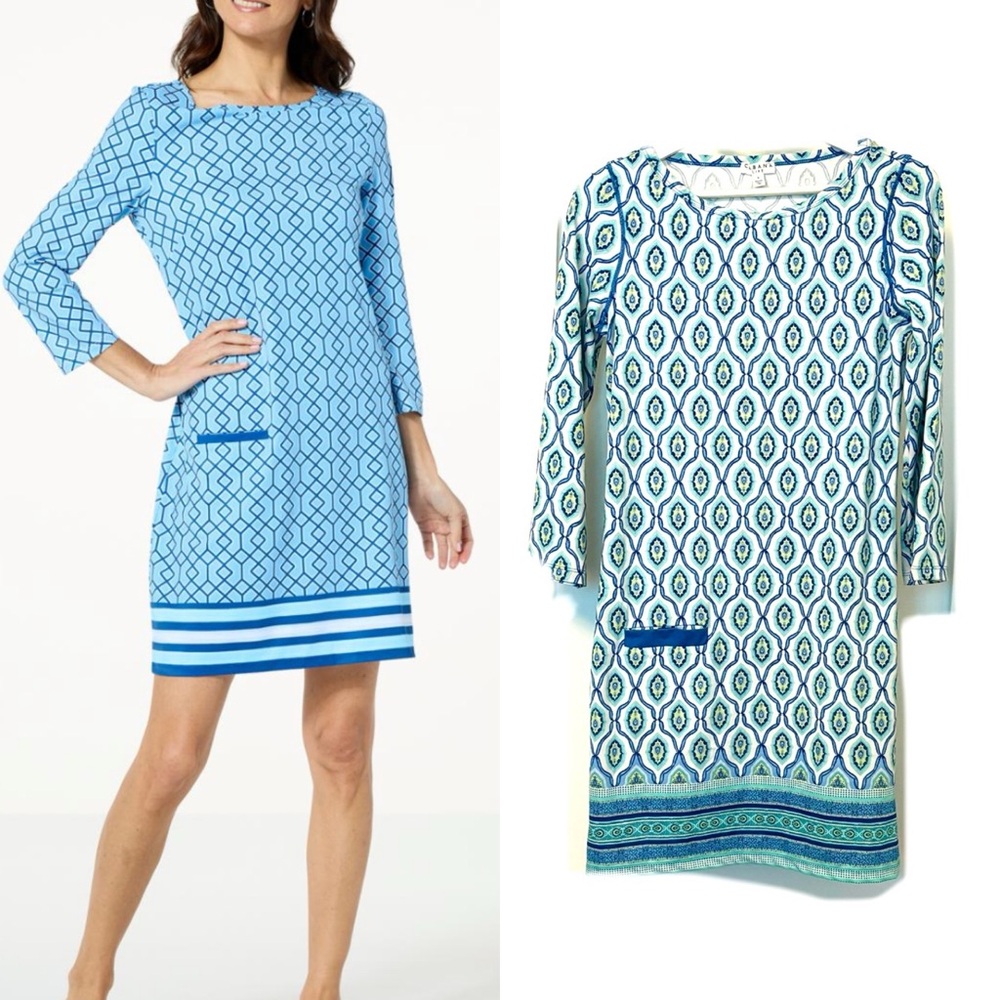 Cabana Life Blue & White Long Sleeve Printed Shift Dress